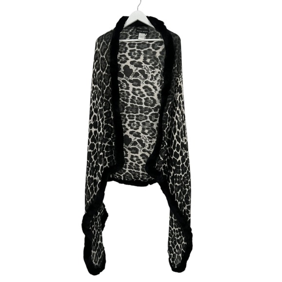 Accessories - Dana Stein Wrap Scarf Black Fur Trim One Size Animal Print Gray Black 68 x 62